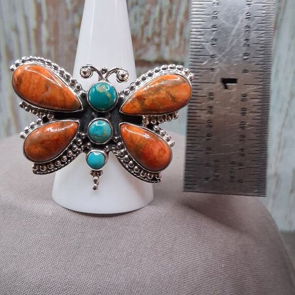 Southwestern Turquoise Spiny Oyster Ring Size 6-9 Butterfly Sterling Silver - Picture 8 of 10